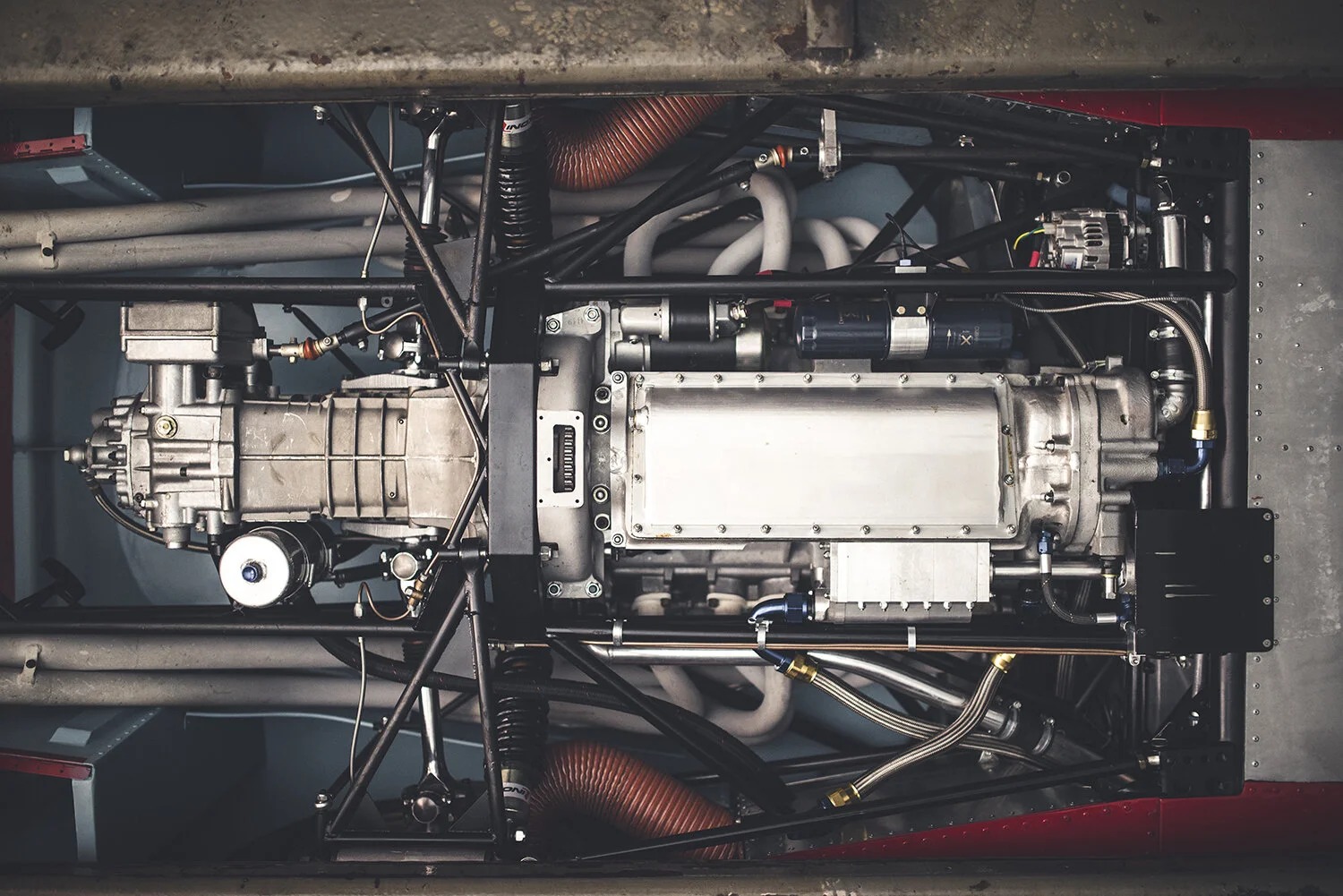 A race car's mechanical underside